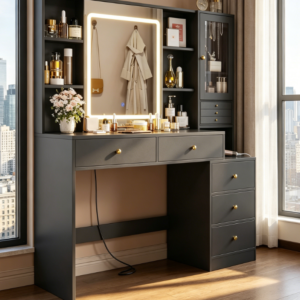 Space-Saving Black Vanity Desk with Sliding Lighted Mirror, Jewellery Organiser and 5 Drawers
