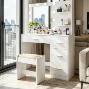 Compact White Vanity Set with Lighted Mirror, Shelf, 4 Drawers, Stool and 10 LEDs
