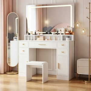 Small White Vanity Set with Large LED Mirror, Power Outlet, 3 Light Modes, 5 Drawers, 2 Cabinets and Stool