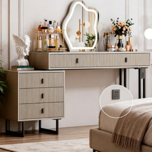 Space-Saving Grey Vanity Desk with Touch Screen Mirror, 3-Colour Dimming, Retractable Design, Power Strip and 5 Sliding Drawers