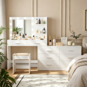 Adjustable Width Vanity Set 65" with Mirror, 3-Colour Lights, 8 Drawers, Side Shelf and Stool, White