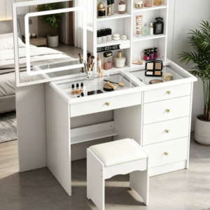 Compact White Vanity Set with Sliding Lighted Mirror, Glass Top, Drawers, Shelves and Stool