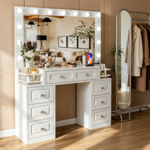 Farmhouse-Style Small Vanity Desk with Lighted Mirror, Power Outlet, 7 Drawers, 2 Shelves and Hair Dryer Stand, White
